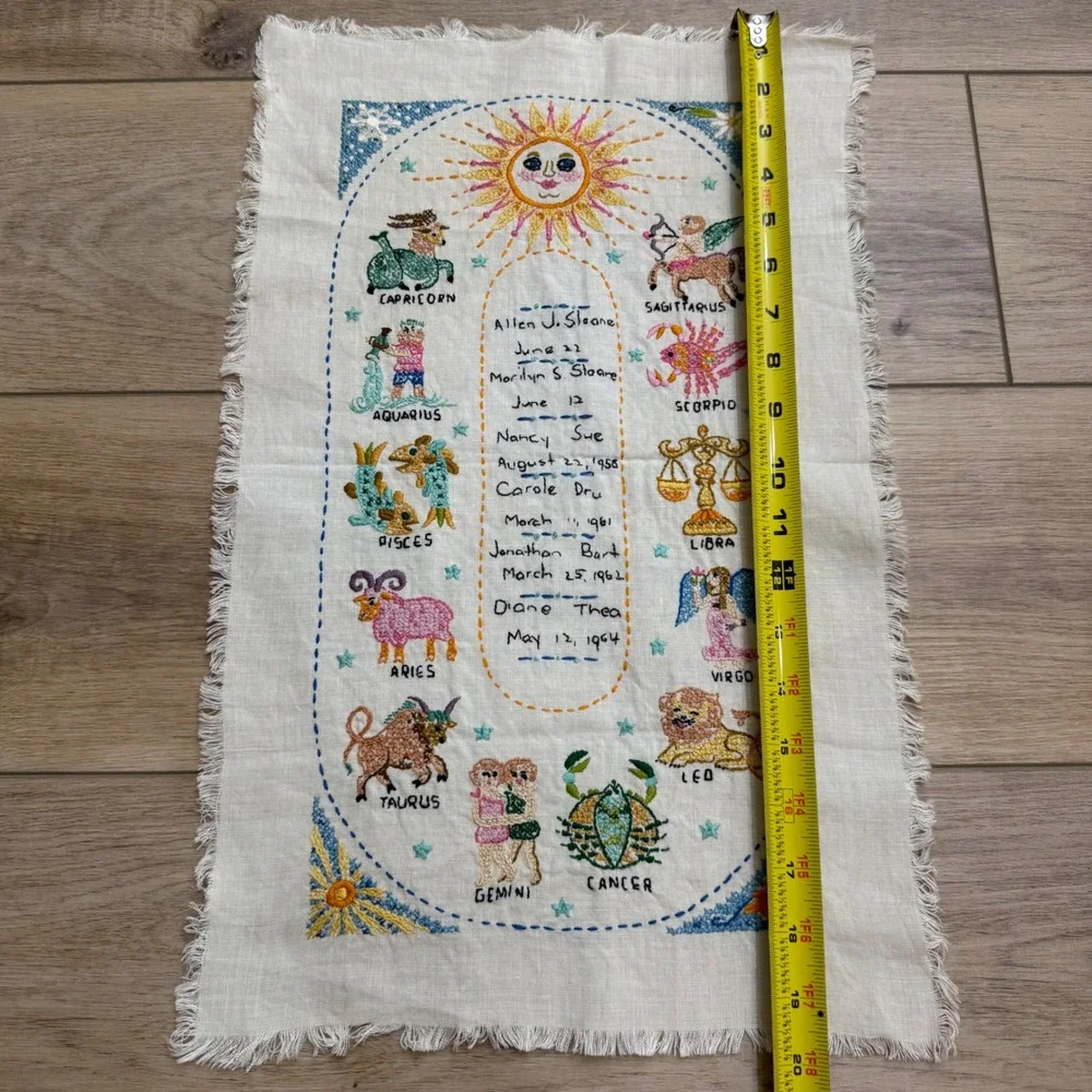 Vintage Zodiac Astrology Hand Finished Cross Stitch Bohemian Folk Art Embroidery